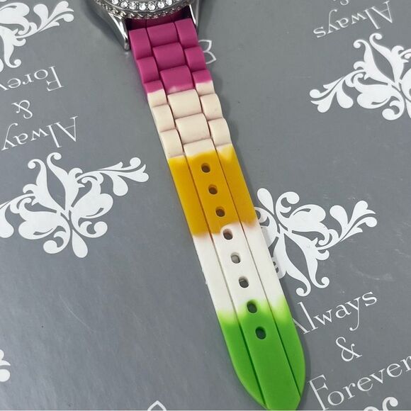 Geneva 5373 Multi Color Silicone Band Rhinestone Face Stainless Steel Watch - Picture 8 of 11